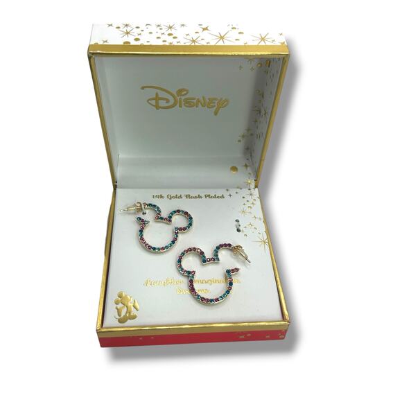 NEW Disney Multi Color Crystal Mickey Mouse Earrings 14K Gold Plated Pink Blue - Picture 1 of 14
